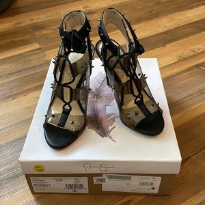 Jessica Simpson studded clear strap black lace up heels!